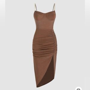 Brown Glitter Ruched Slit Midi Dress.